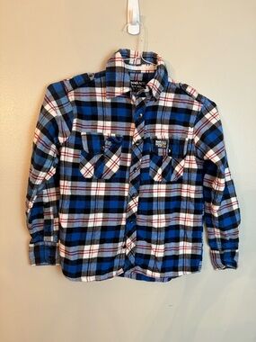 Boys Ecko Unlimited Blue Black White Plaid Flannel Button-Up Shirt Size Small